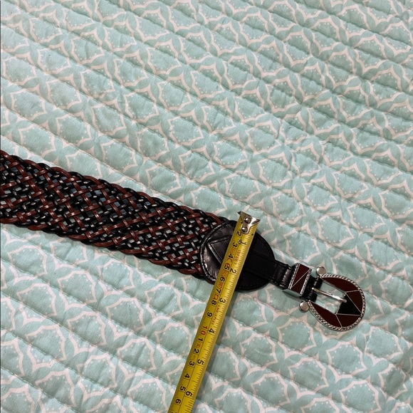 woven leather statement belt with cloisonne buckle, and close